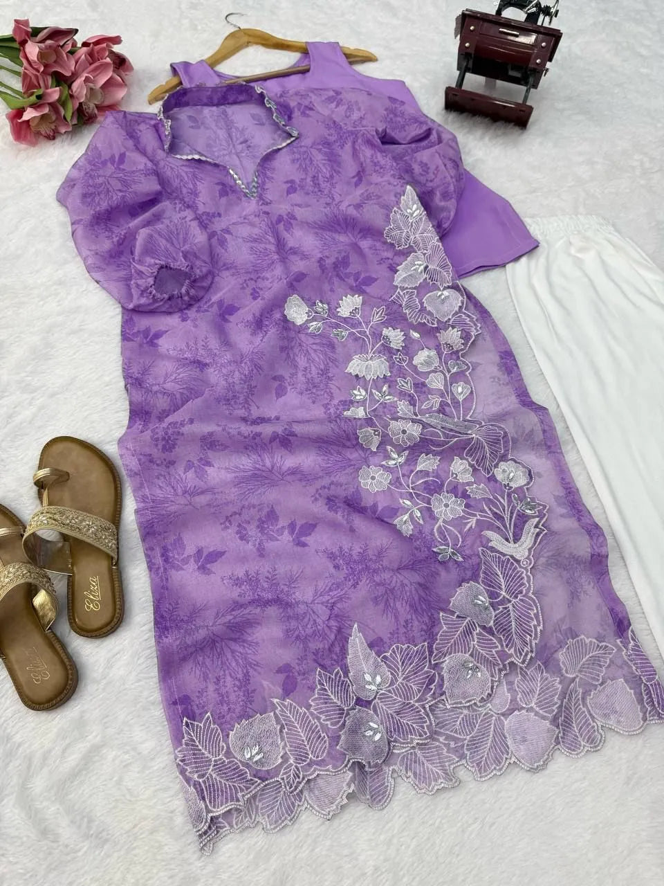 Purple Organza Shrug Kurta Pant Set