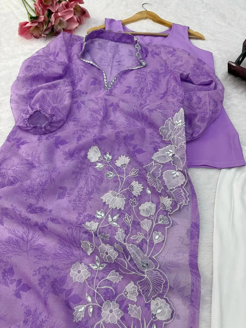 Purple Organza Shrug Kurta Pant Set