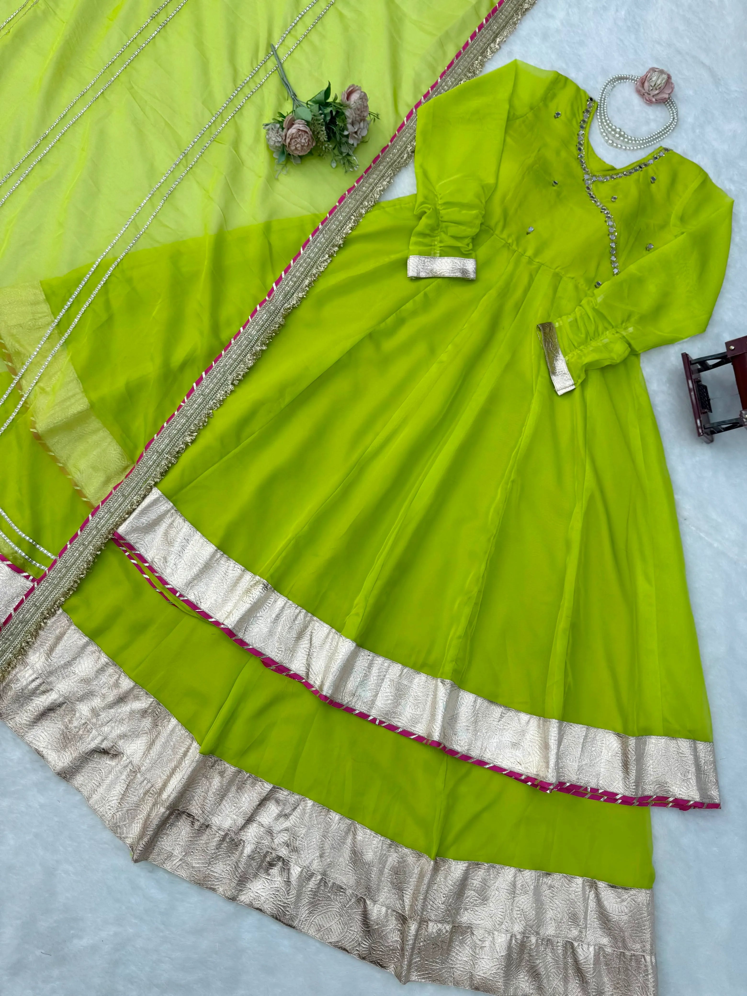Lime Green Organza Silk Anarkali Set with Dupatta