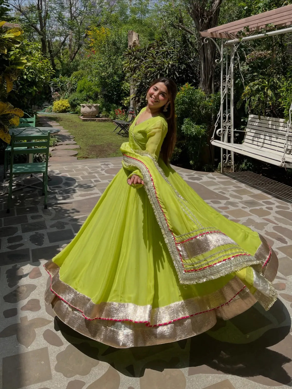 Lime Green Organza Silk Anarkali Set with Dupatta