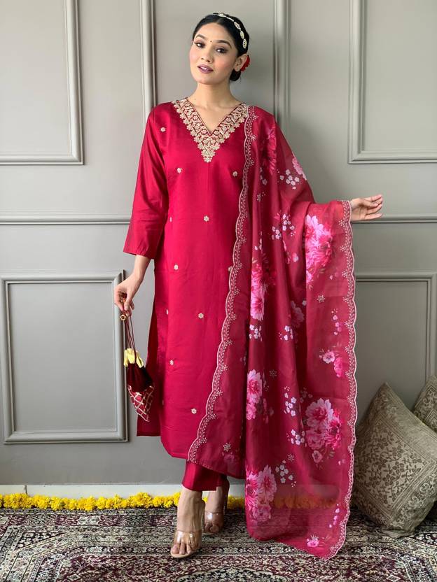 Viscose Rayon Embroidered Kurta, Salwar & Dupatta Set