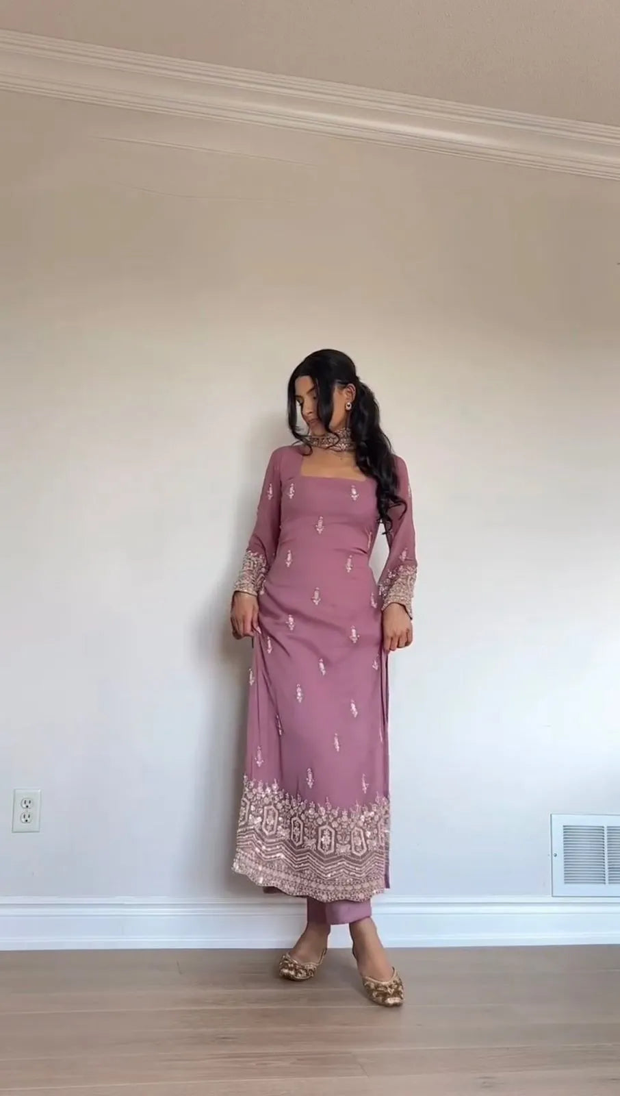 Dusty Rose Georgette Embroidered Kurta Pant Set