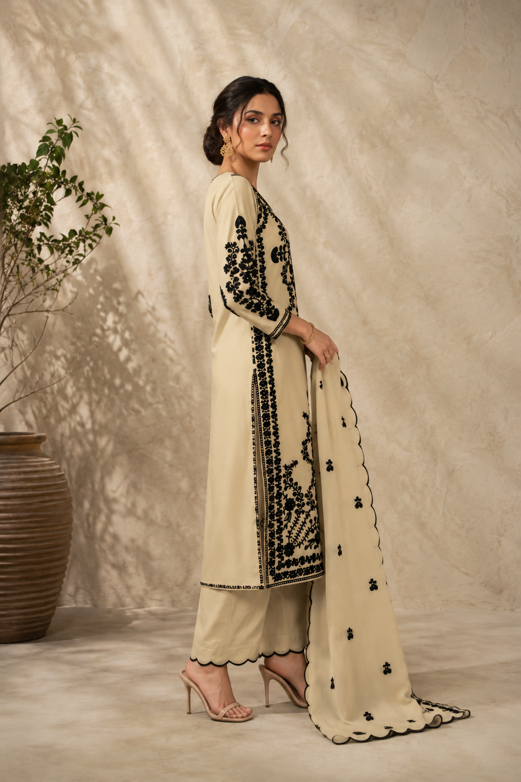 Elegant Cream And Black Embroidered Kurta Set With Scalloped Dupatta