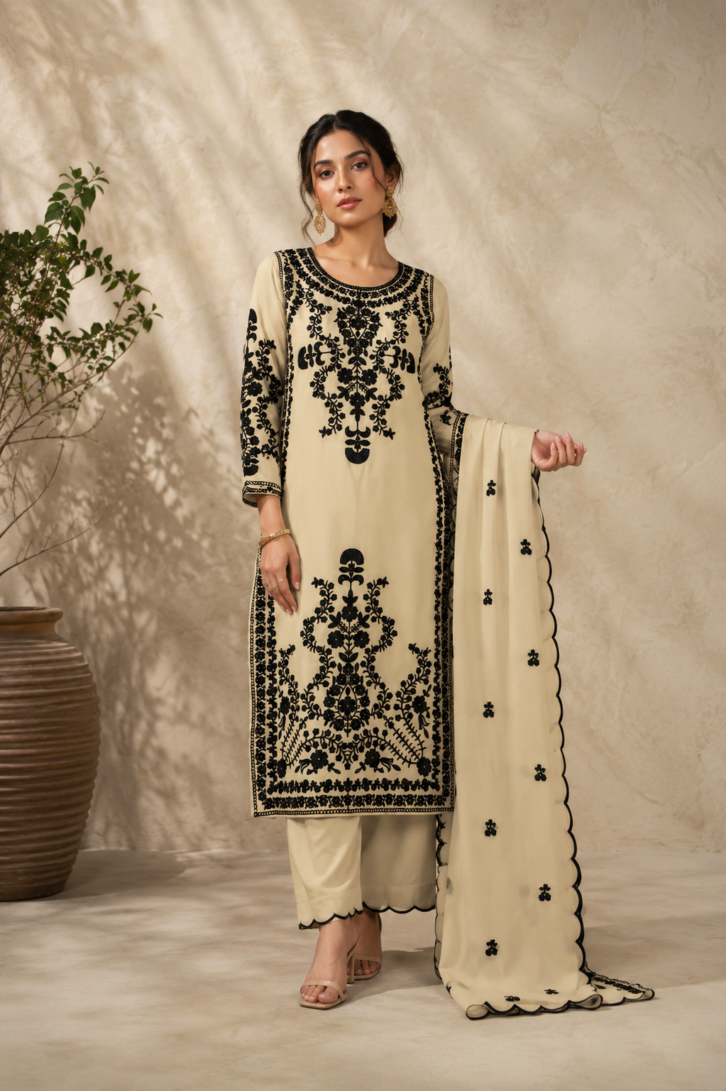 Elegant Cream And Black Embroidered Kurta Set With Scalloped Dupatta