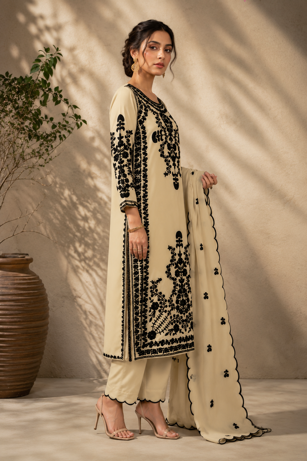 Elegant Cream And Black Embroidered Kurta Set With Scalloped Dupatta