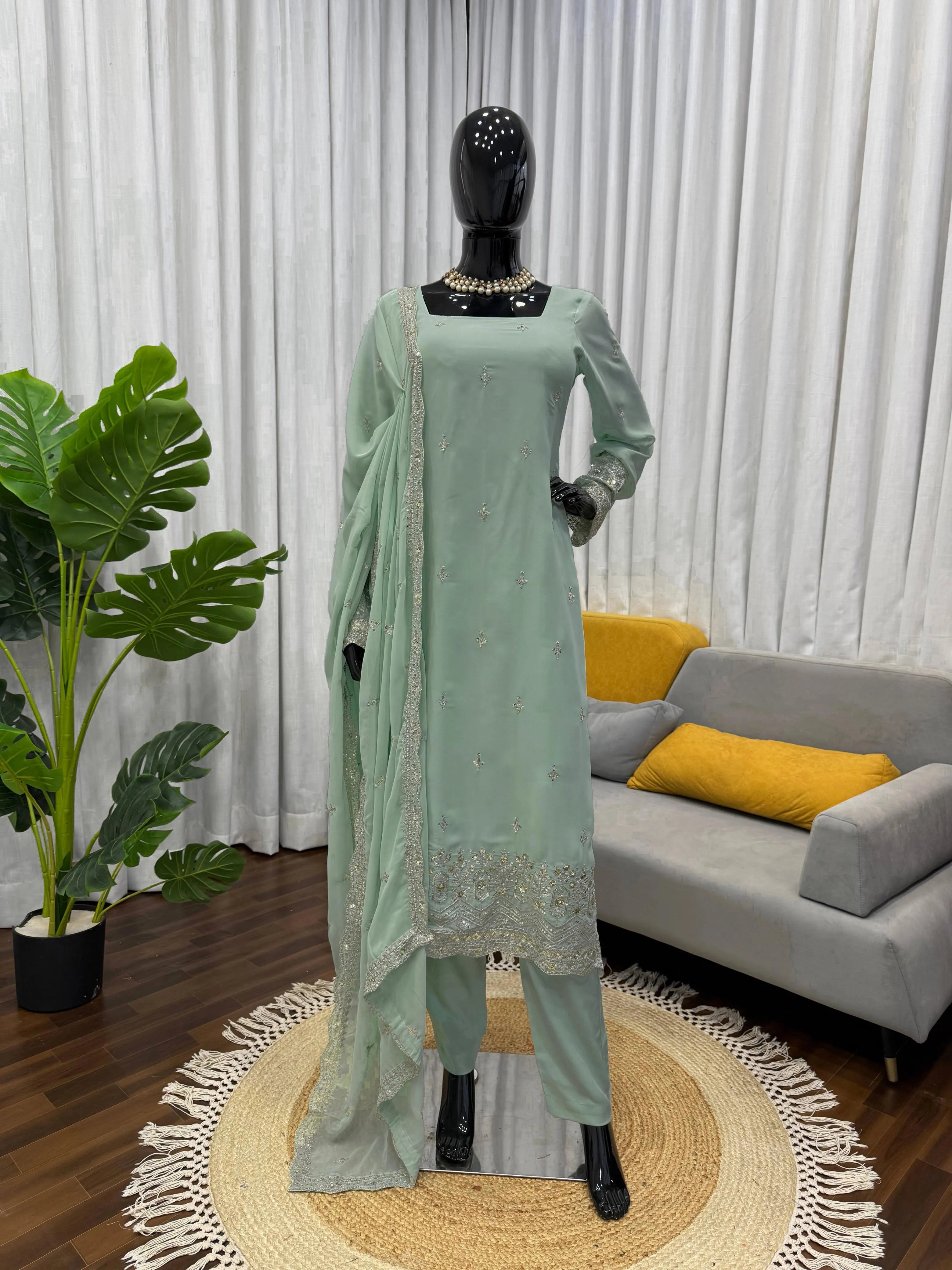 Mint Green Georgette Embroidered Kurta Pant Set