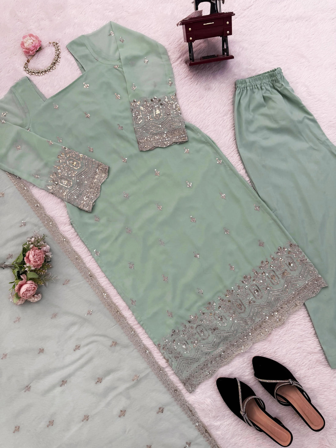 Mint Green Georgette Embroidered Kurta Pant Set