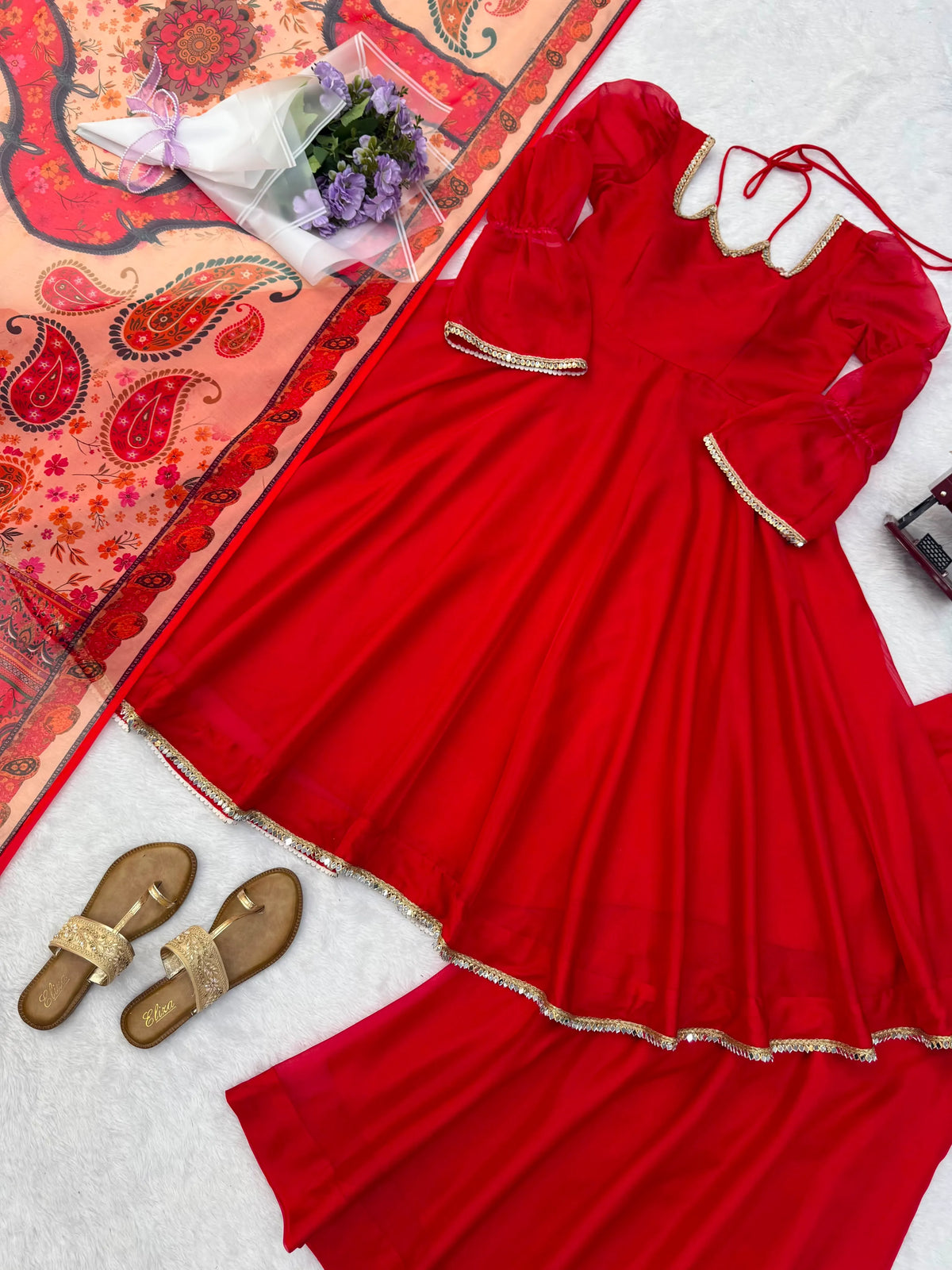 Red Tabby Silk Anarkali Palazzo Set with Printed Dupatta