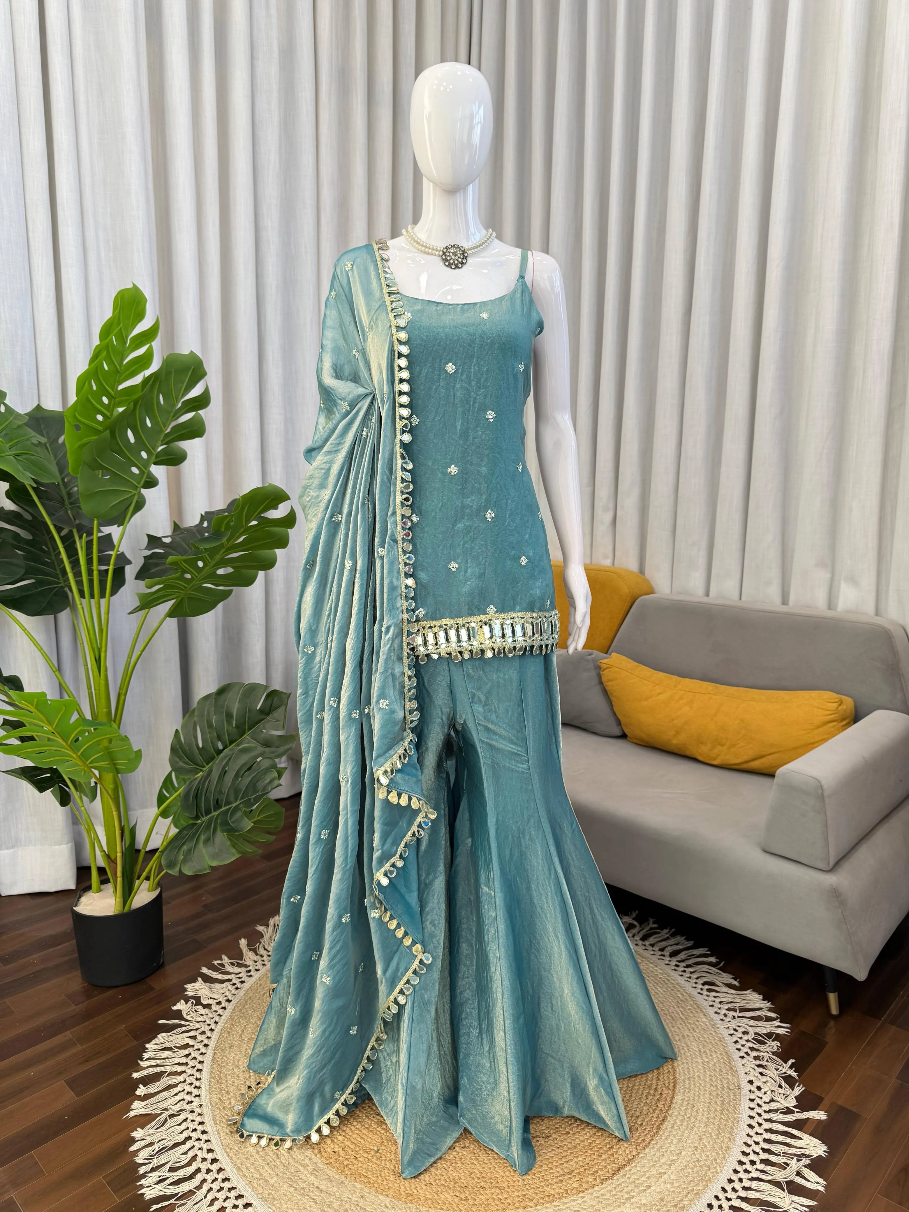 Fendy Silk Palazzo Set with Mirror Dupatta