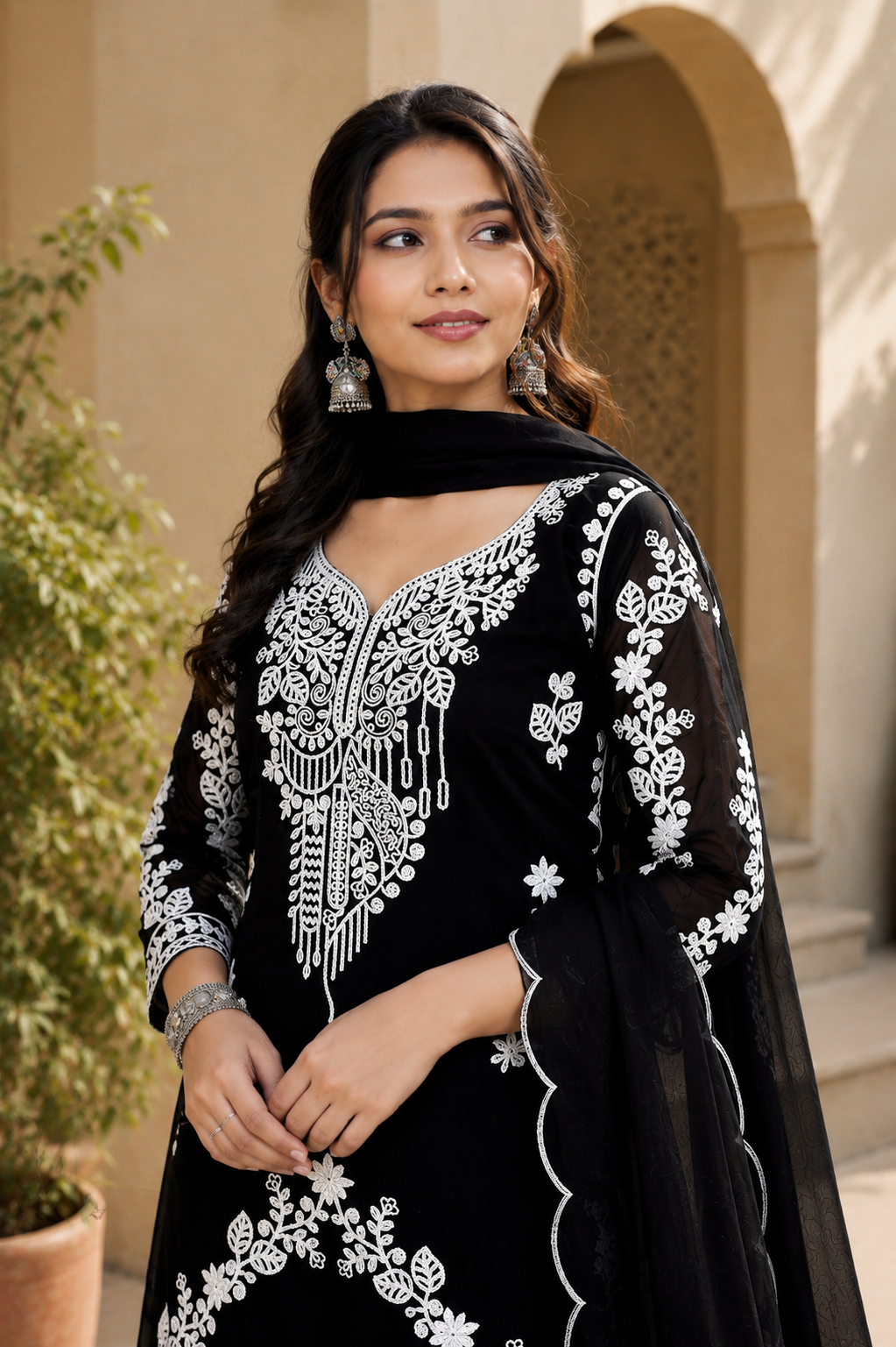 Black Georgette Embroidered Salwar Suit Set With Dupatta