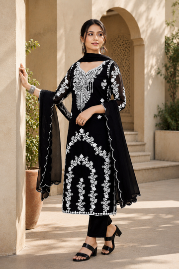 Black Georgette Embroidered Salwar Suit Set With Dupatta