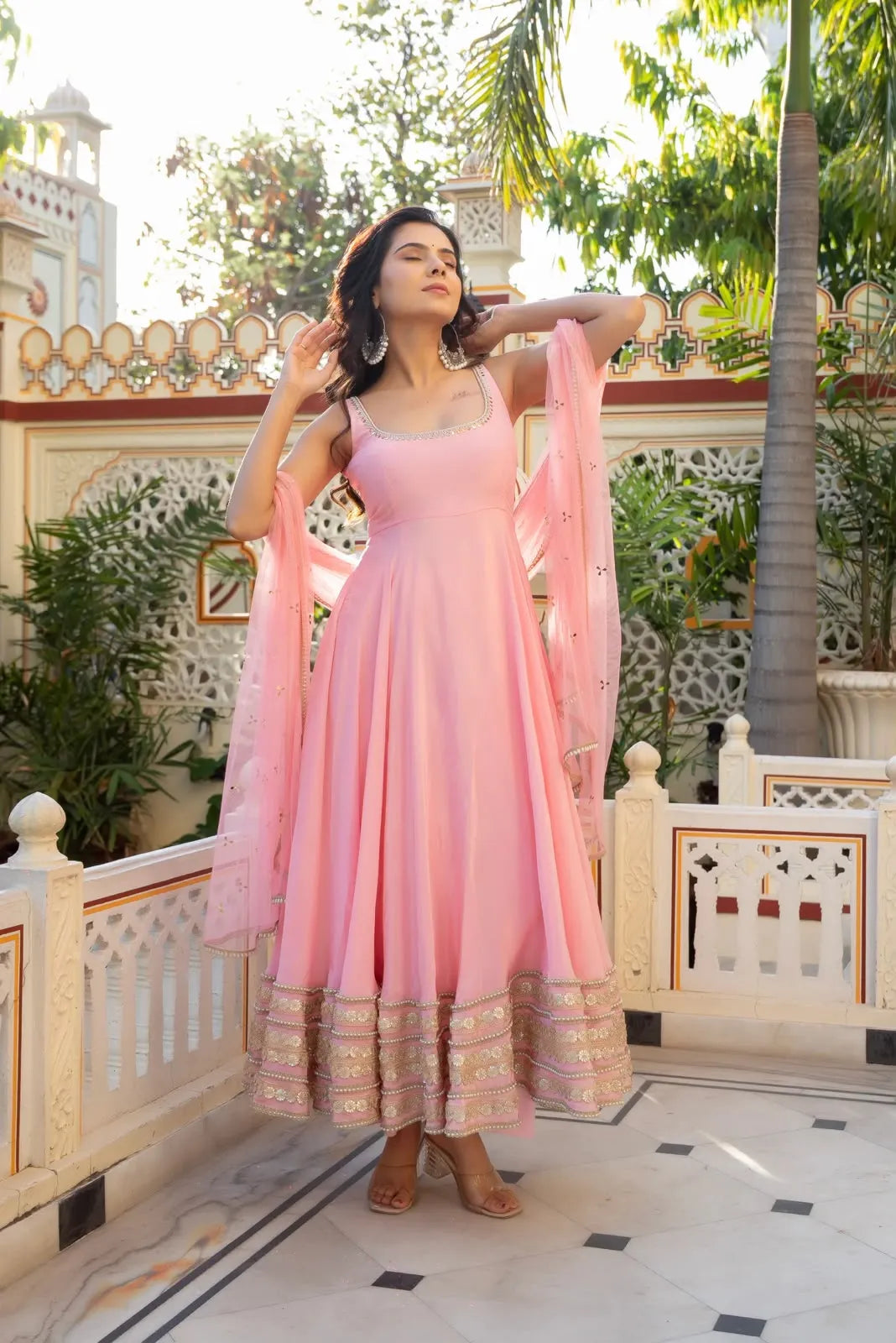 Blush Pink Natural Crepe Anarkali Set with Dupatta