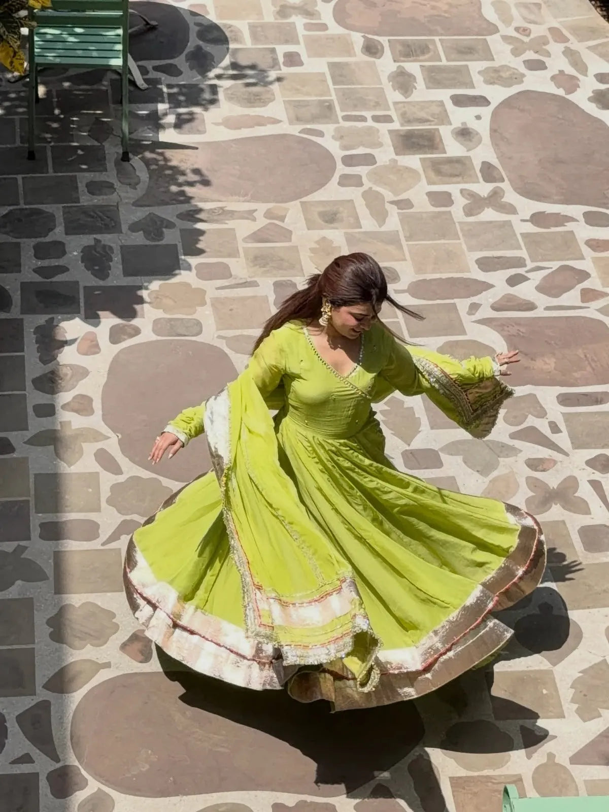 Lime Green Organza Silk Anarkali Set with Dupatta