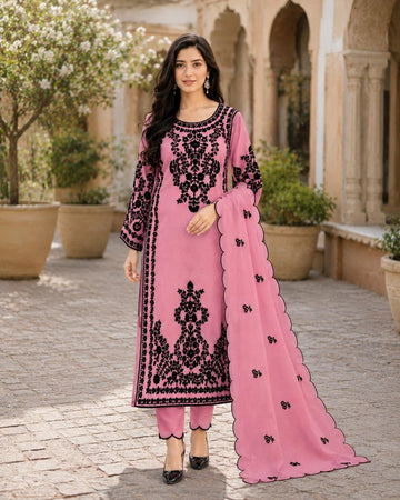 Pink Embroidered Ethnic Suit Set With Black Thread Work