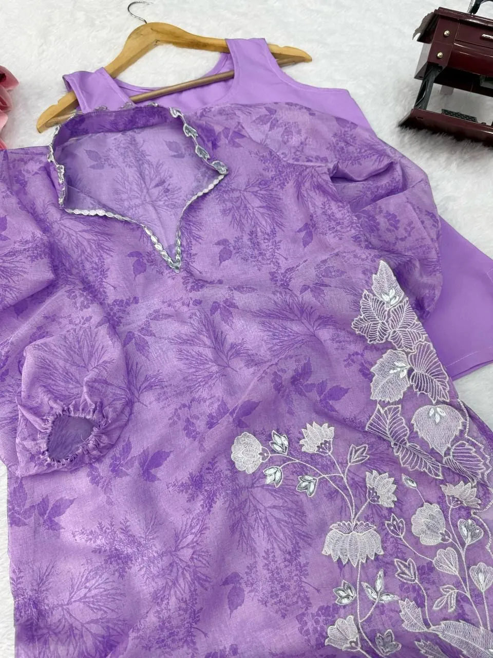 Purple Organza Shrug Kurta Pant Set