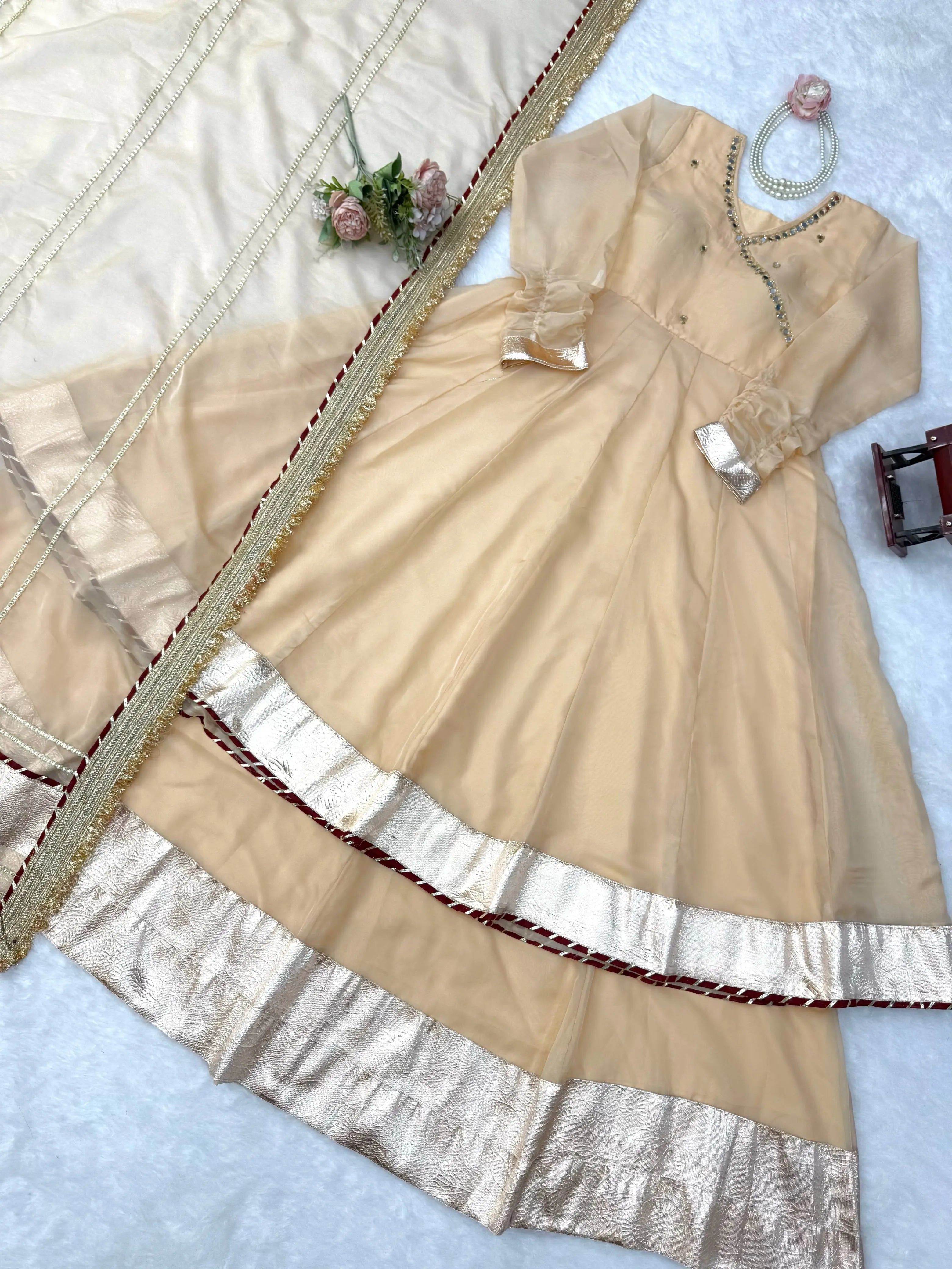 Peach Organza Silk Anarkali Set with Dupatta