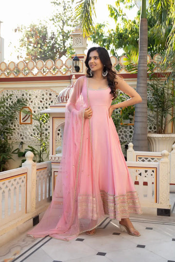 Blush Pink Natural Crepe Anarkali Set with Dupatta