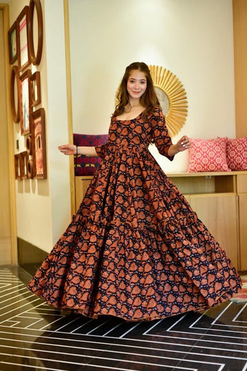 Black & Orange Masleen Silk Flared Gown