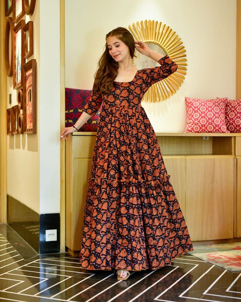 Black & Orange Masleen Silk Flared Gown