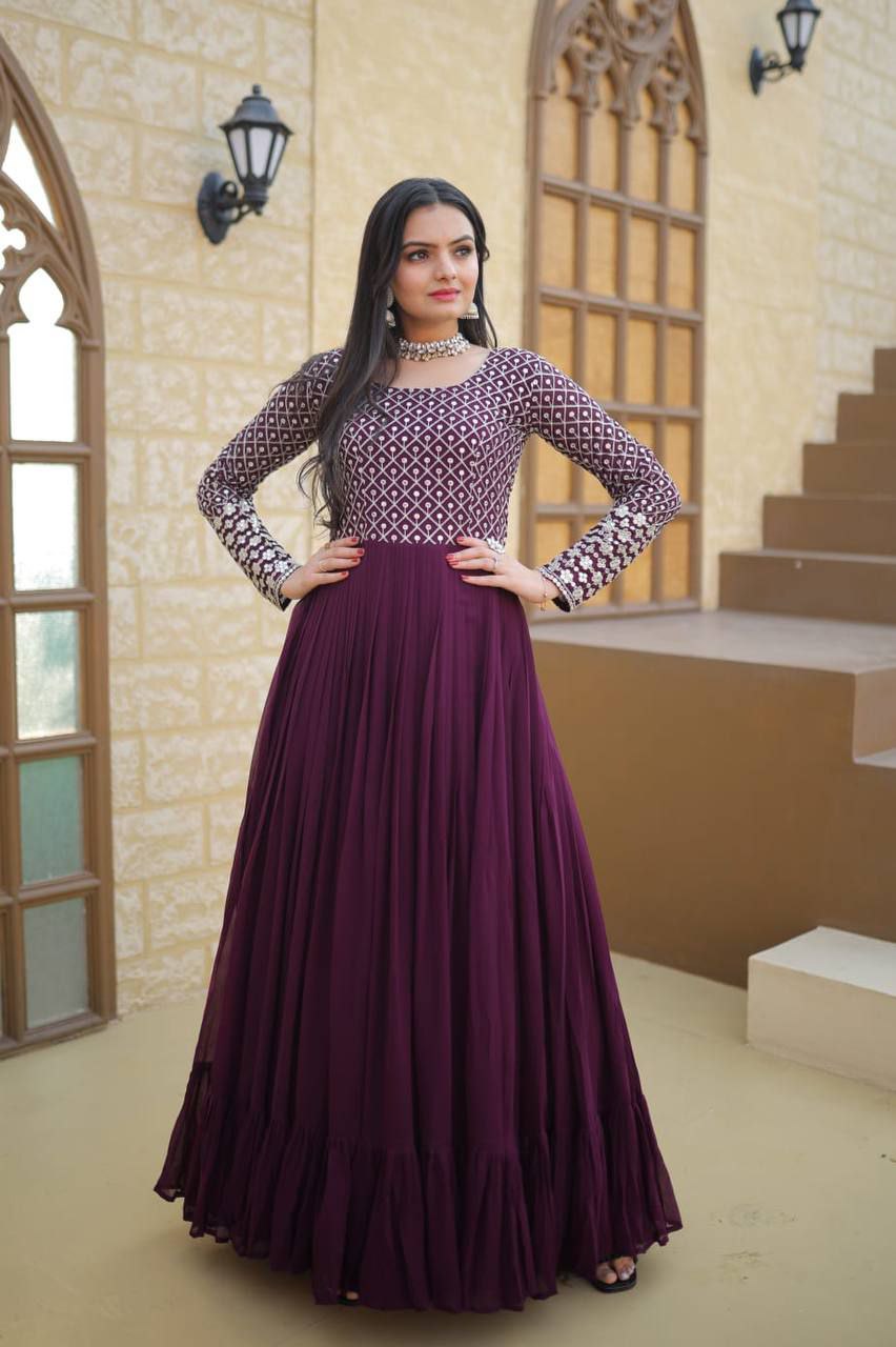 Wine Zari Sequin Flared Gown for Women