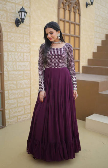 Wine Zari Sequin Flared Gown for Women