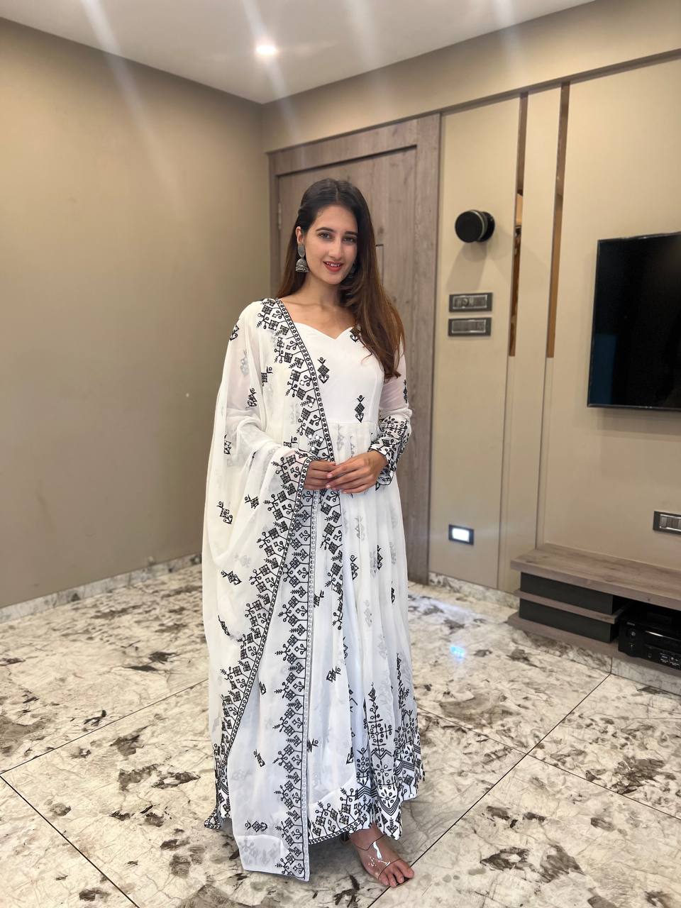 White Embroidered Georgette Anarkali Suit Set With Dupatta