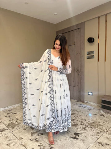 White Embroidered Georgette Anarkali Suit Set With Dupatta