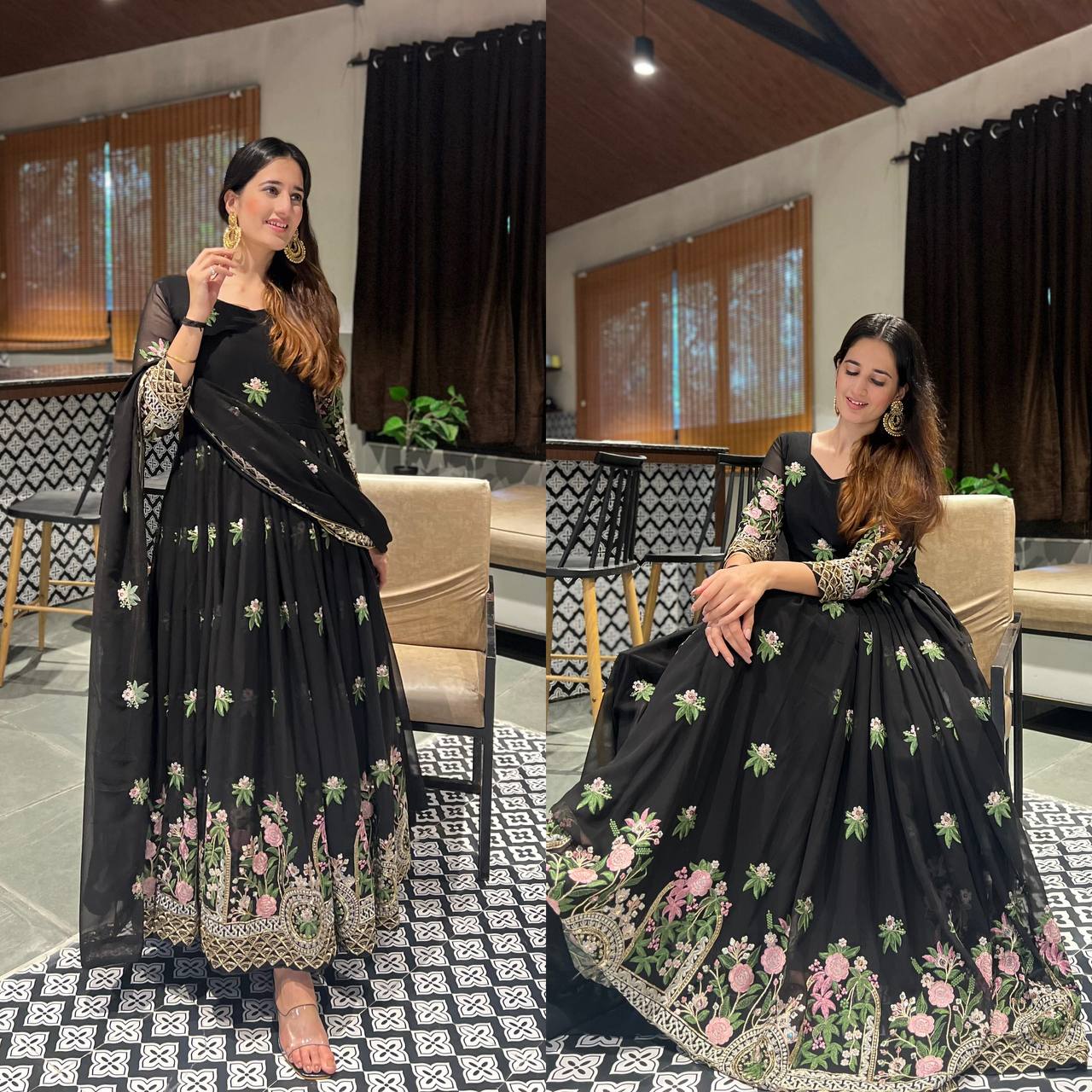 Outstanding Black Color Georgette Sequence With Embroidery Work Gown