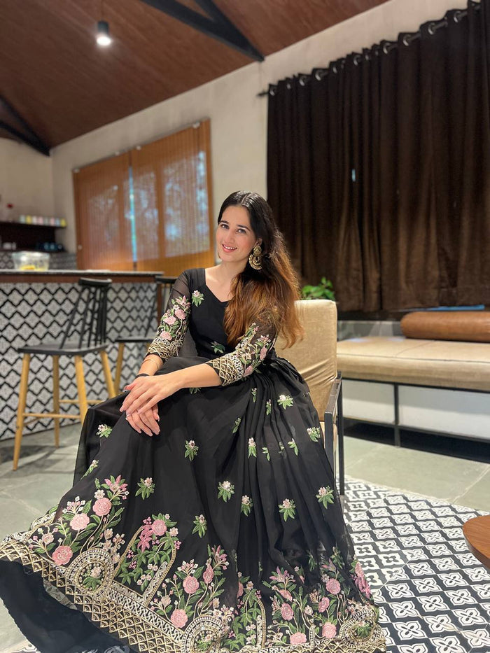 Outstanding Black Color Georgette Sequence With Embroidery Work Gown