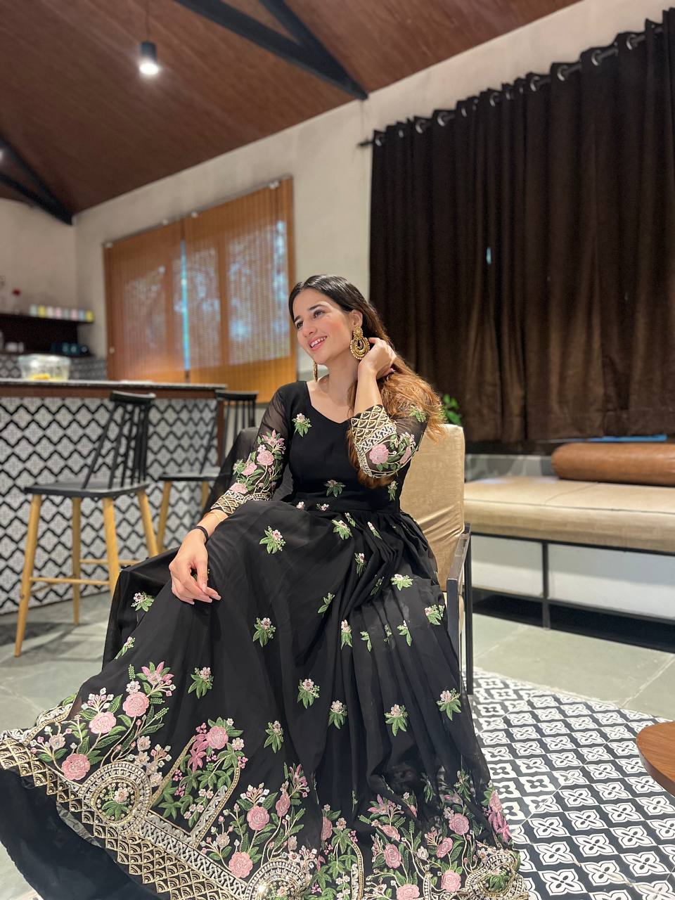 Outstanding Black Color Georgette Sequence With Embroidery Work Gown