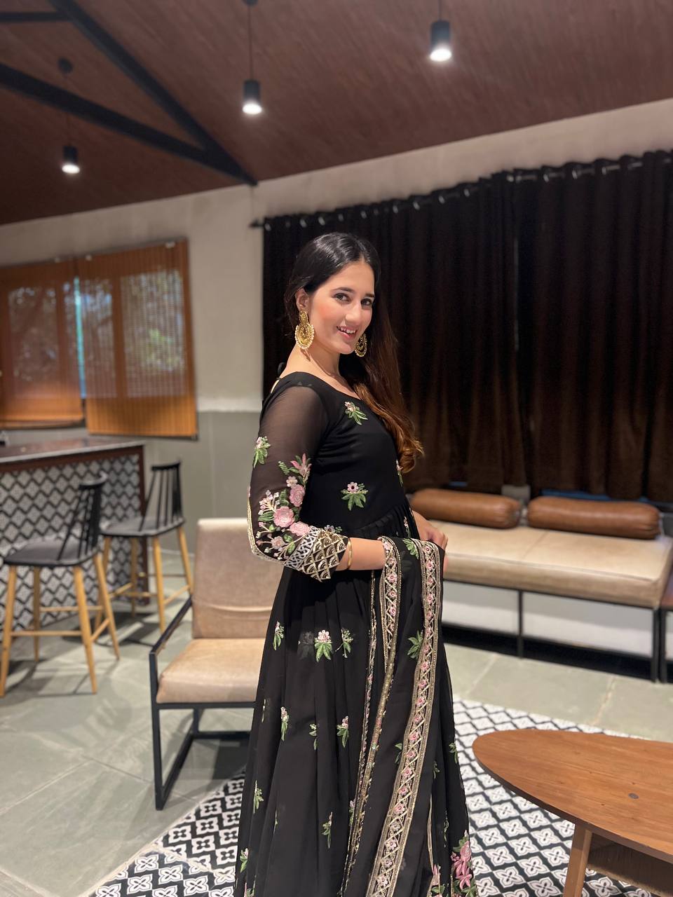 Outstanding Black Color Georgette Sequence With Embroidery Work Gown