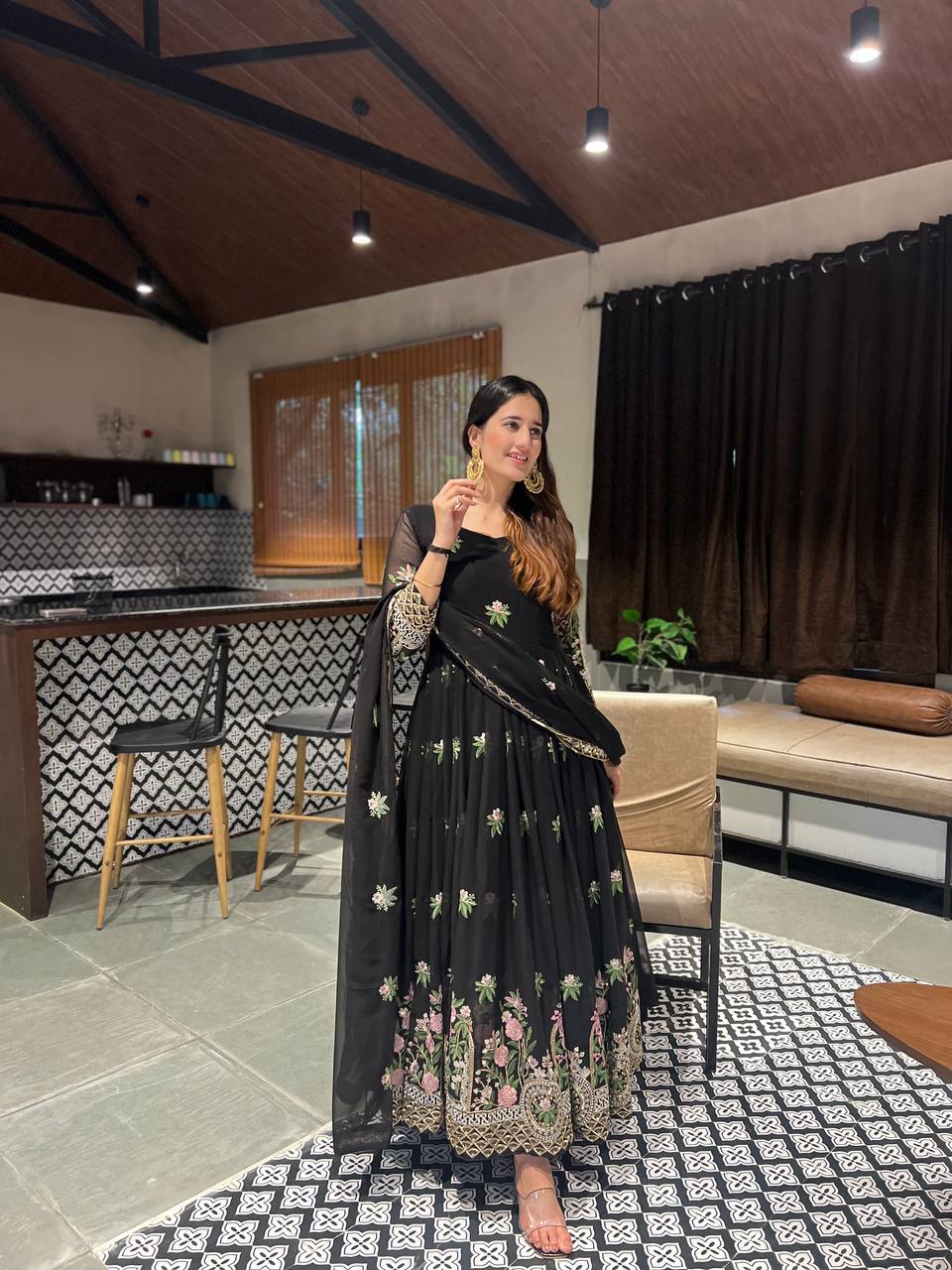 Outstanding Black Color Georgette Sequence With Embroidery Work Gown