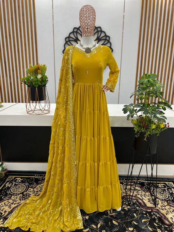 Gorgeous Ruffle Flair Yellow Georgette Anarkali Suit