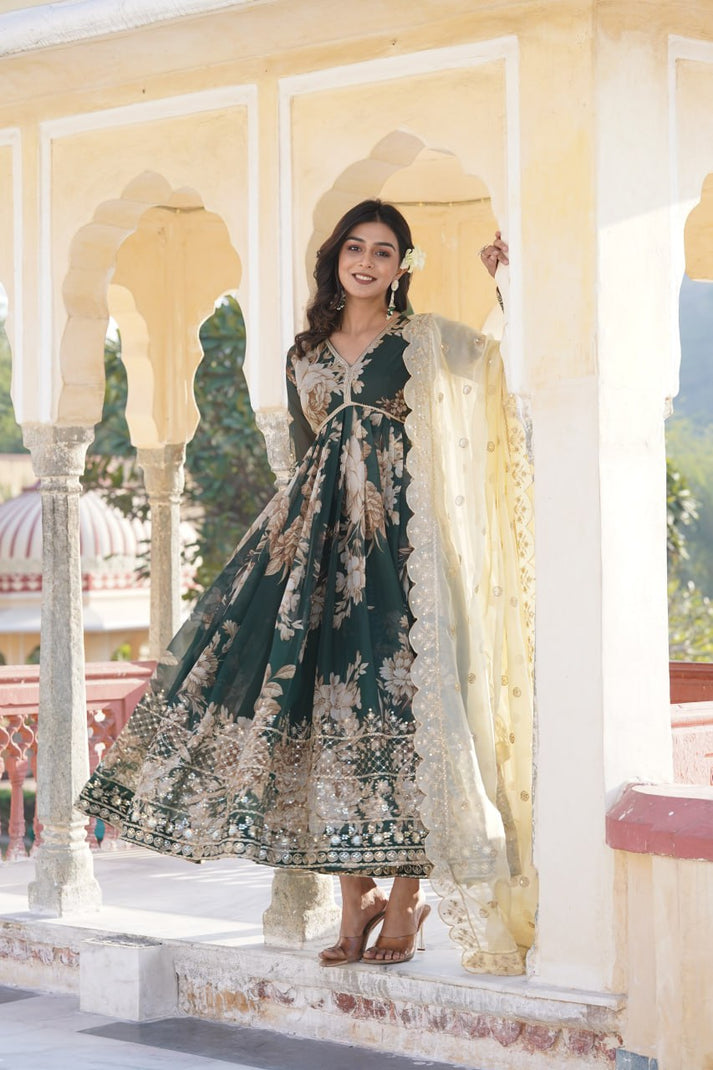 Stylish Digital Print With Embroidery Zari Green Anarkali Gown