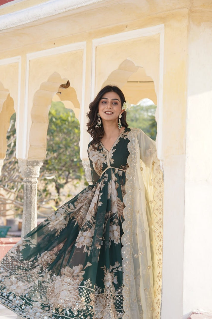Stylish Digital Print With Embroidery Zari Green Anarkali Gown