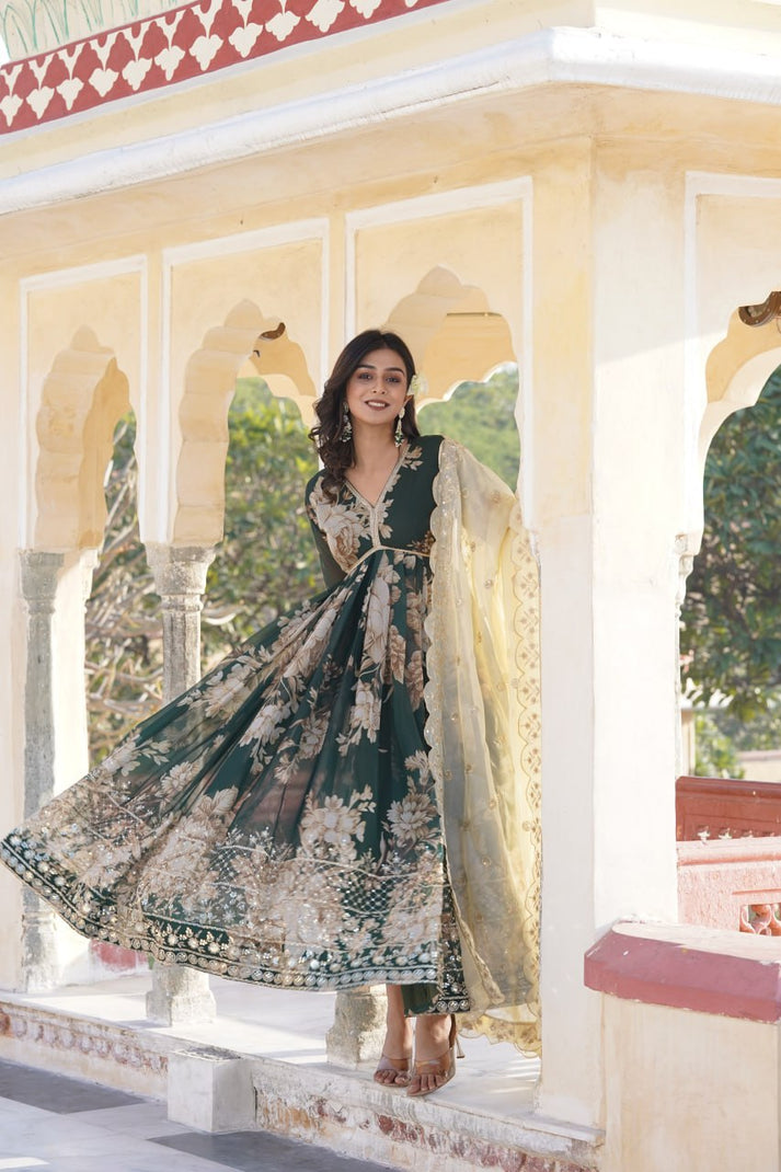 Stylish Digital Print With Embroidery Zari Green Anarkali Gown