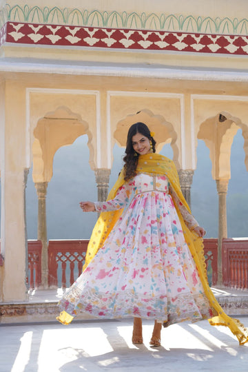 White Russian Silk Anarkali Gown with Dupatta