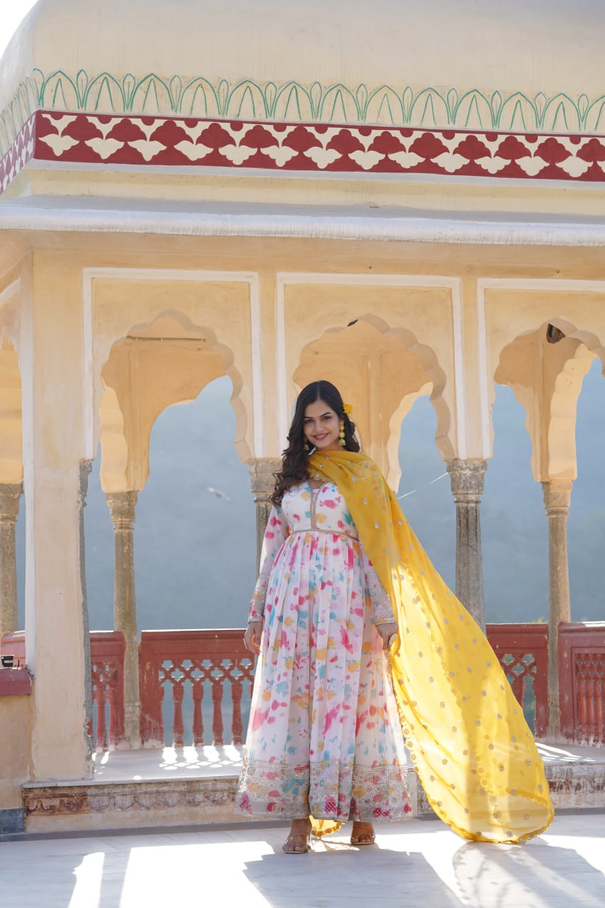 White Russian Silk Anarkali Gown with Dupatta