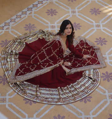 Maroon Zari Sequin Embroidered Anarkali Gown with Dupatta