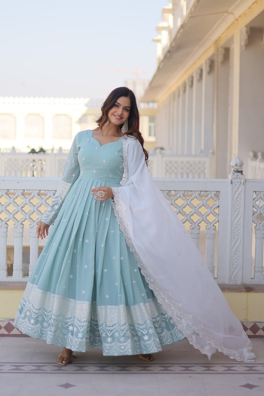Sky Blue Faux Georgette Anarkali Suit Set