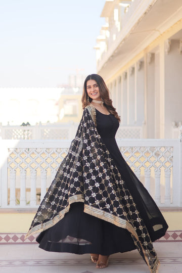 Black Sequin Embroidered Alia Cut Gown with Dupatta