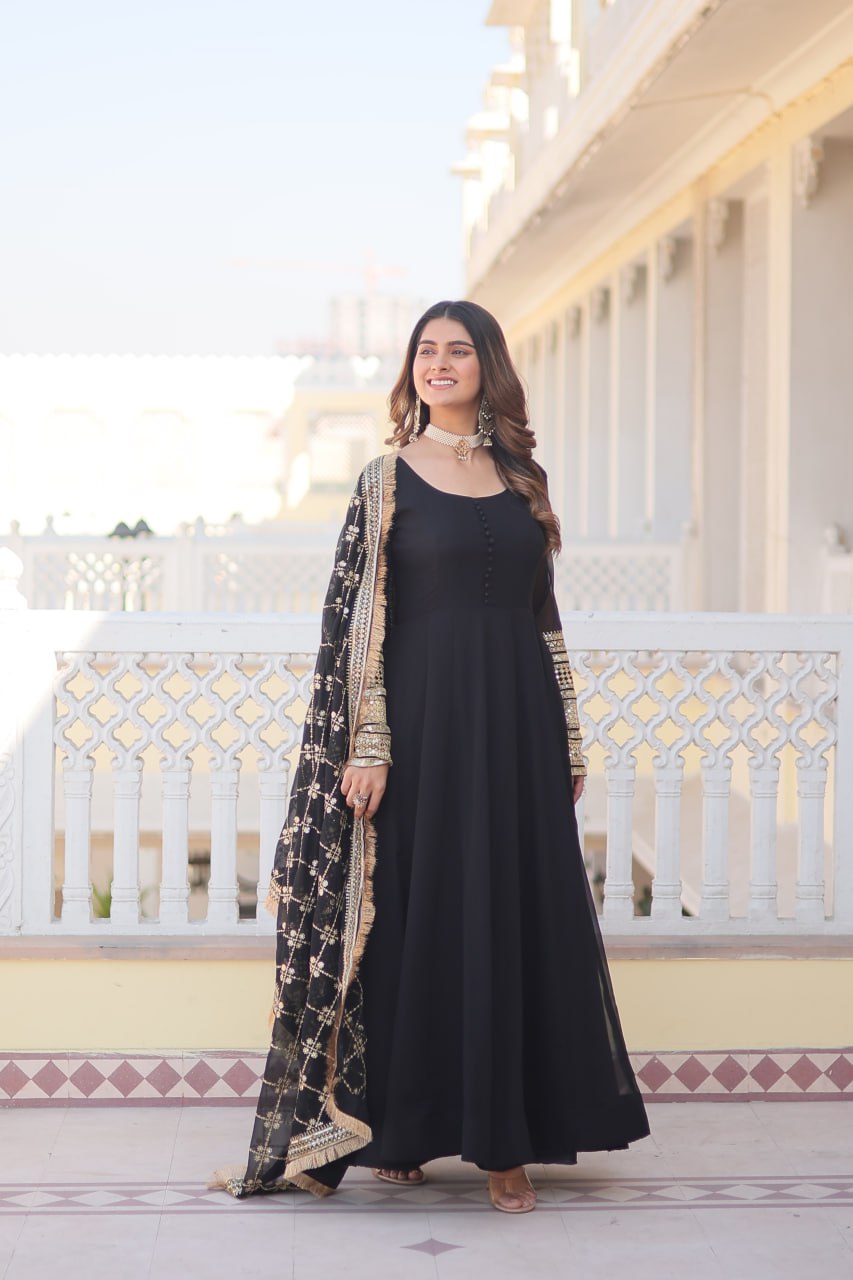 Black Sequin Embroidered Alia Cut Gown with Dupatta