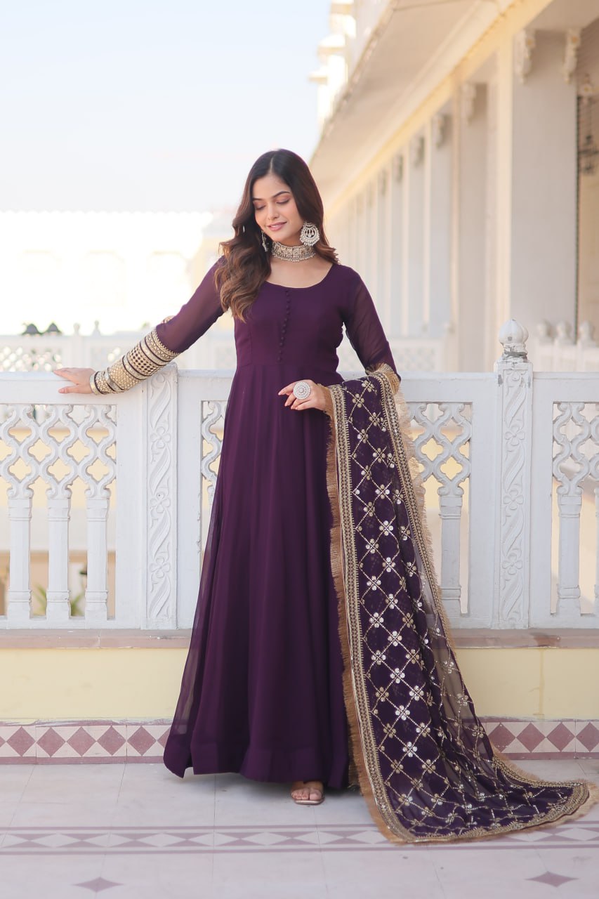 Wine Sequin Embroidered Alia Cut Gown with Dupatta