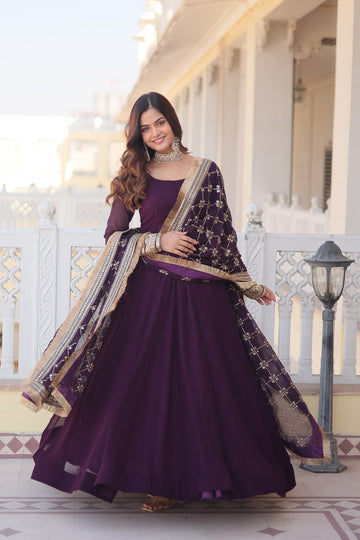 Wine Sequin Embroidered Alia Cut Gown with Dupatta