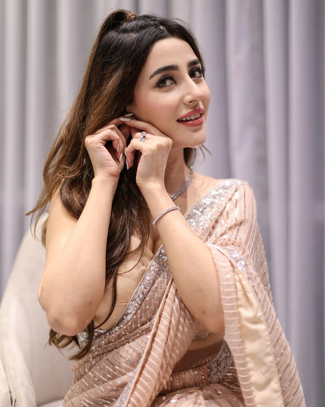 Party Wear Light Peach Color Sequence Saree