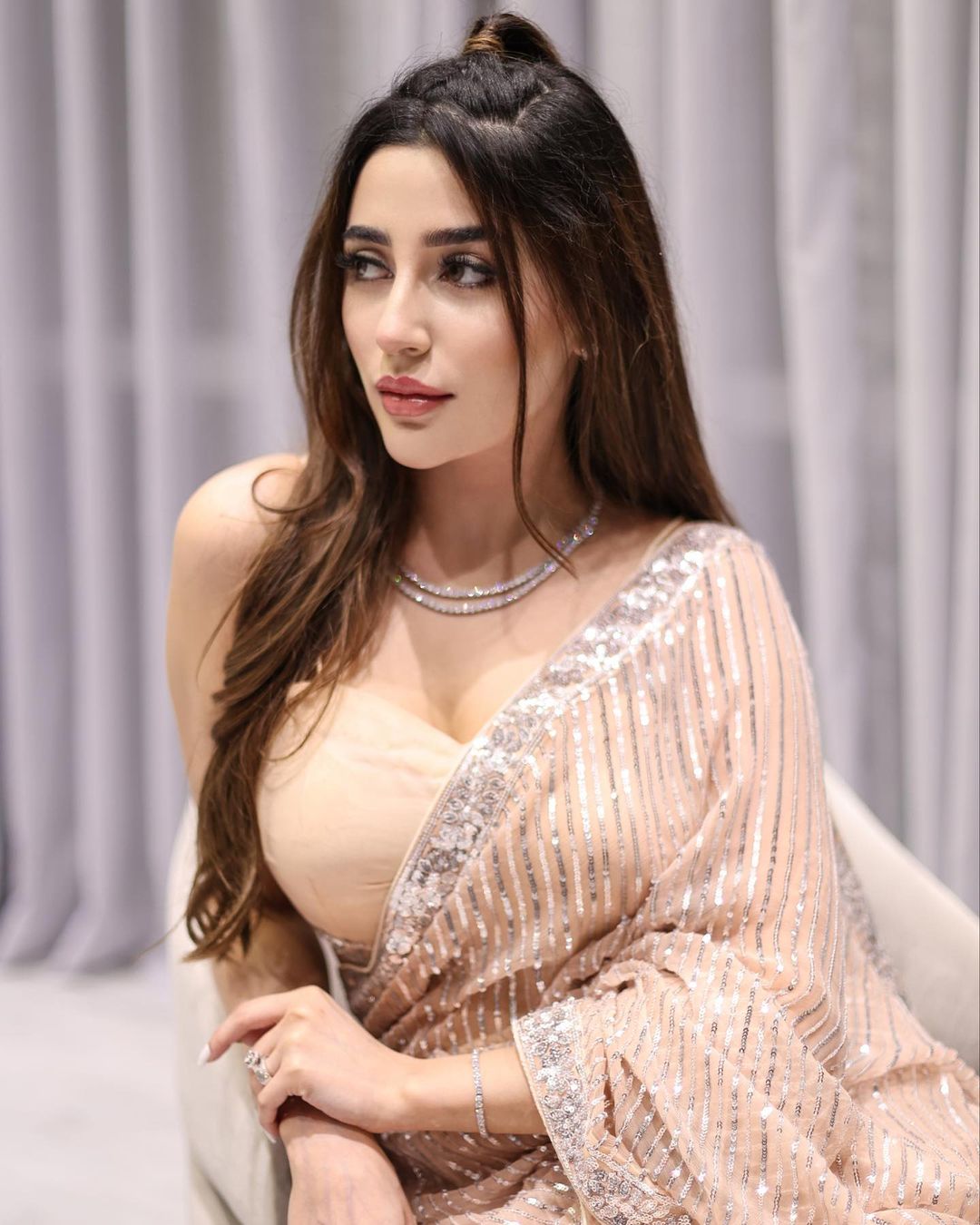 Party Wear Light Peach Color Sequence Saree