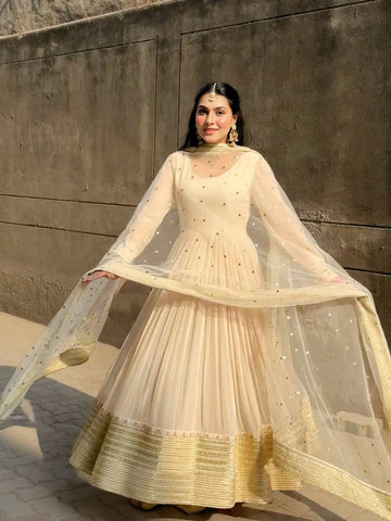 Off White Georgette Slit Anarkali Palazzo Suit Set