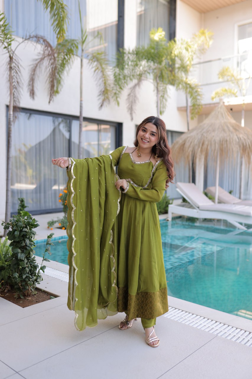 Mehndi Mul Chanderi Mirror Work Anarkali Suit Set