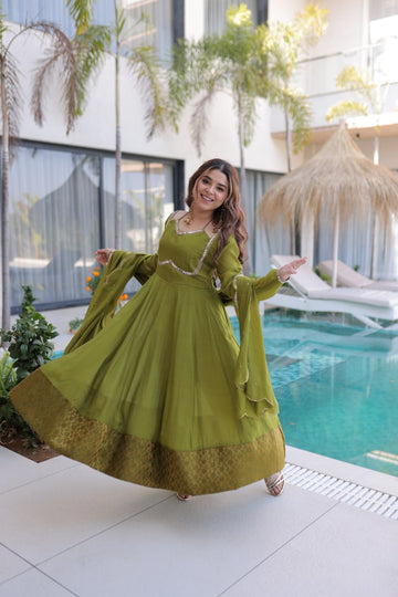 Mehndi Mul Chanderi Mirror Work Anarkali Suit Set