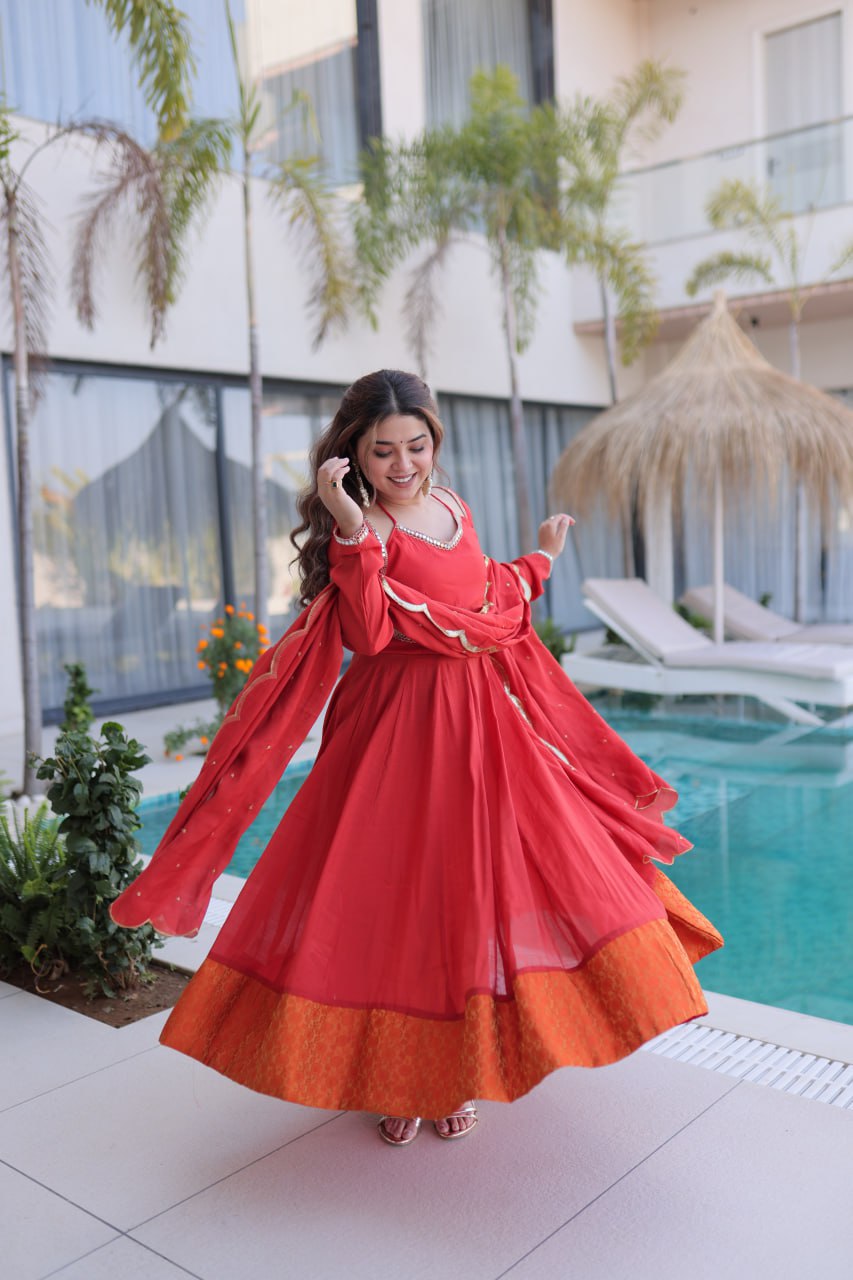 Red Mul Chanderi Mirror Work Anarkali Suit Set